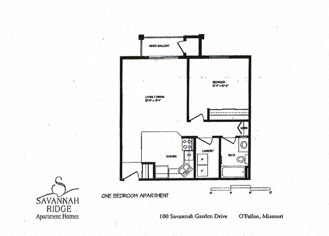 Floor plan for 1 bed, 1 bath, 688 sqft